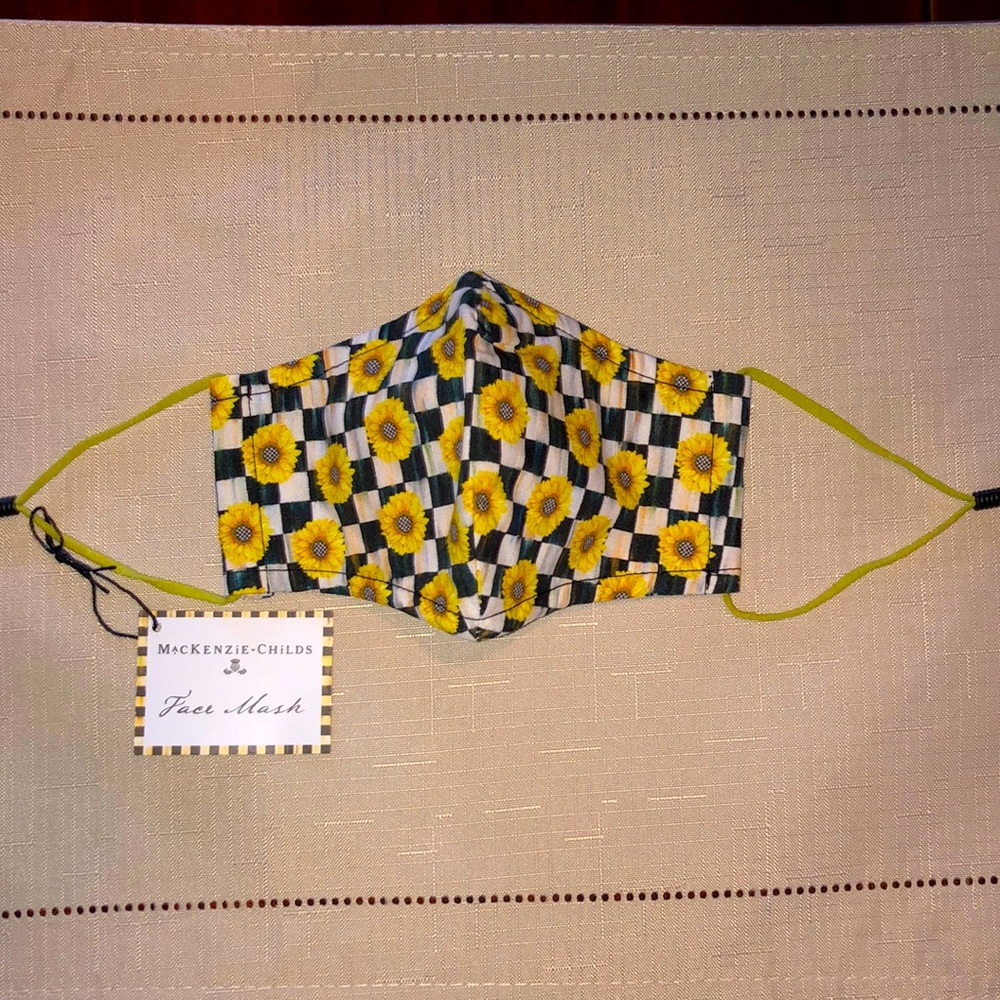 NWT Mackenzie-Childs face mask Sunflower print black, white checks adjustable